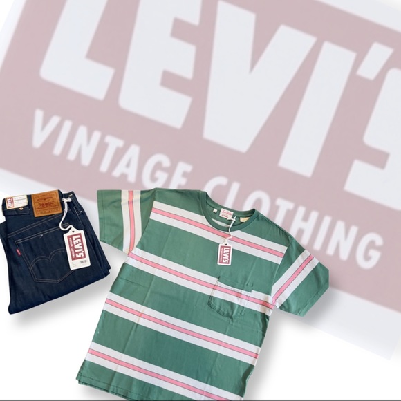 Levi’s Vintage Clothing 1940’s Split Hem Striped T-Shirt Pink/Green - Picture 4 of 16